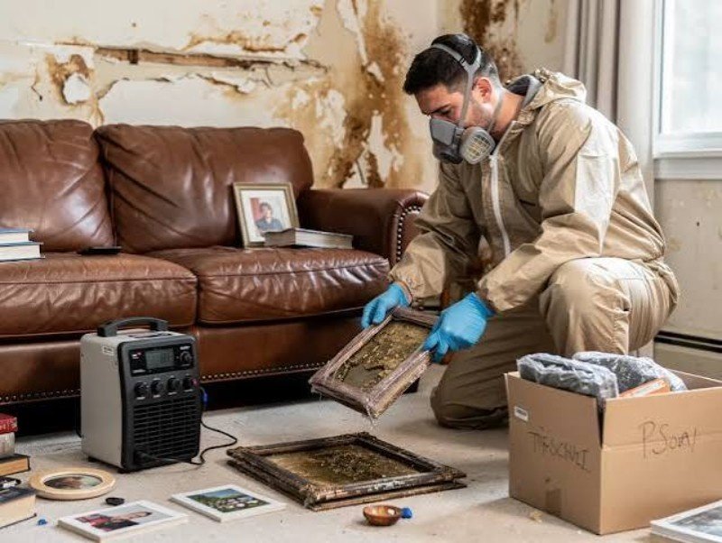 Technician cleaning and inventorying salvageable contents