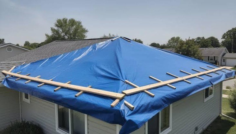 Crew tarping a storm-damaged roof